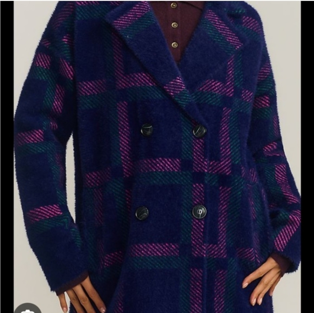 NWOT NVLT Women's Blue and Pink Eyelash Knit Plaid Coat - Picture 2 of 12